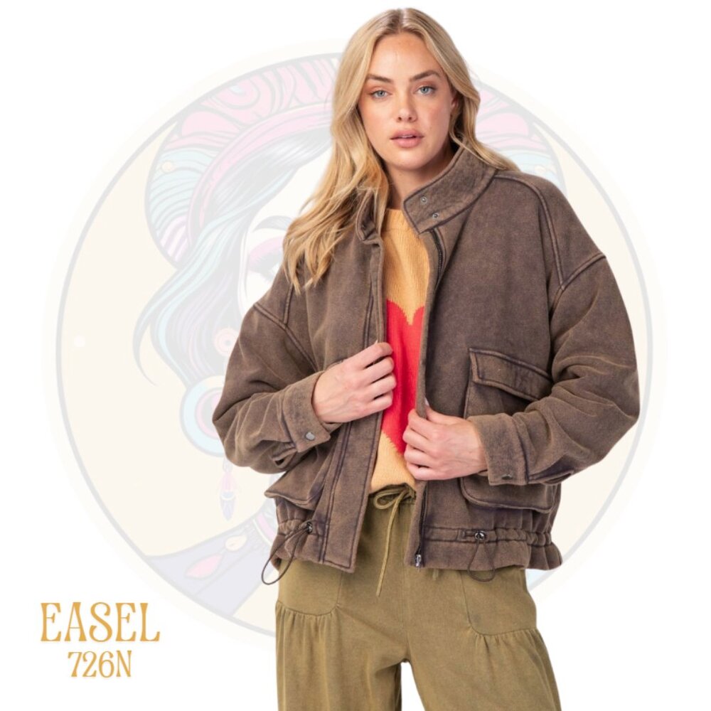 EASEL 726N Washed Zip Up Bomber Jacket Ash Navy Brown